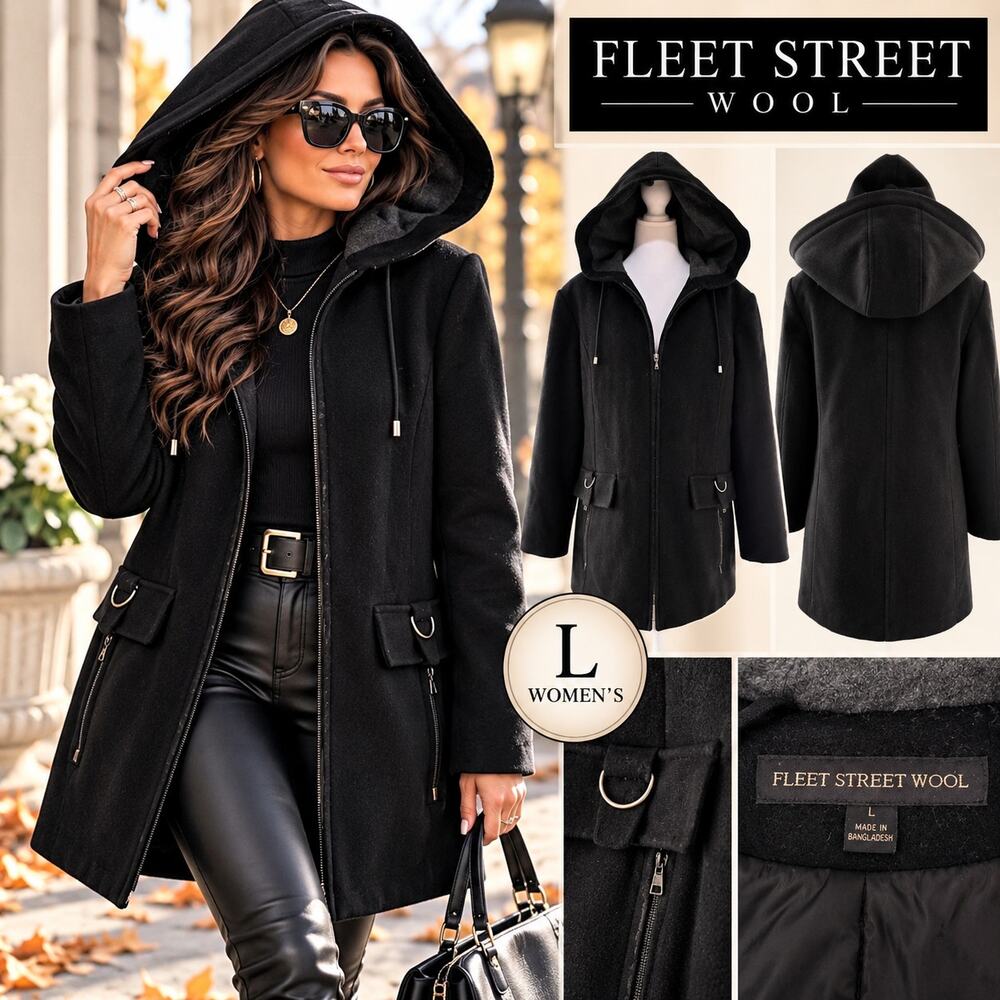 Fleet Street Wool Womens L Black Hooded Zip Utility Coat D Ring Y2K Style